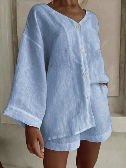 Cotton Linen Shirt & Shorts Set – Long Sleeve, Button, Casual 2-Piece - For A Cozy Meditation