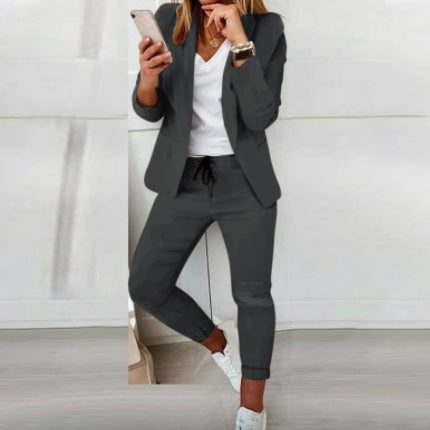 Lapel Blazer & Drawstring Trousers Set – Women's OL Two-Piece Suit