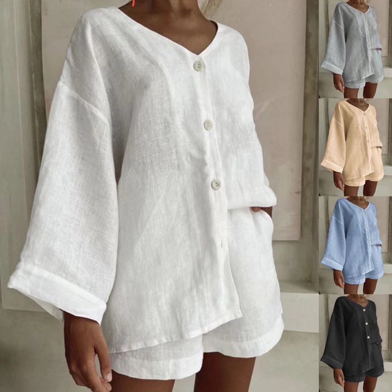 Cotton Linen Shirt & Shorts Set – Long Sleeve, Button, Casual 2-Piece - For A Cozy Meditation