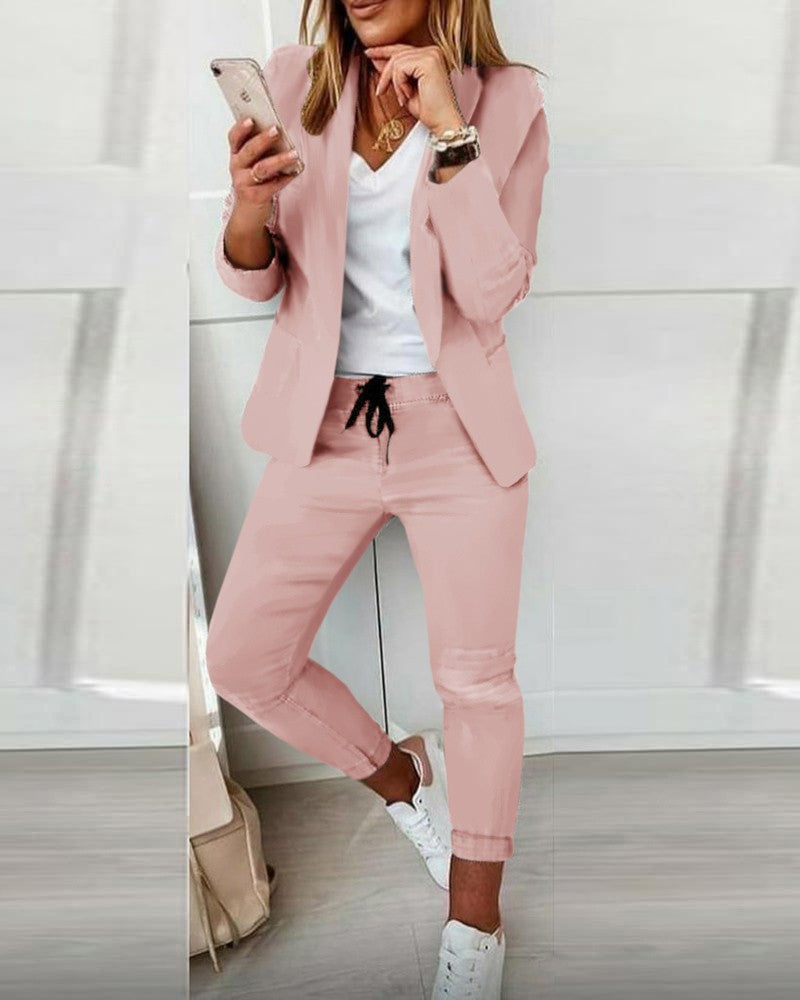 Lapel Blazer & Drawstring Trousers Set – Women's OL Two-Piece Suit