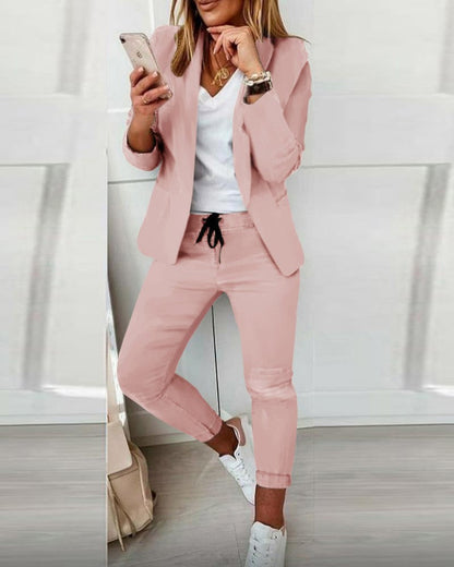 Lapel Blazer & Drawstring Trousers Set – Women's OL Two-Piece Suit