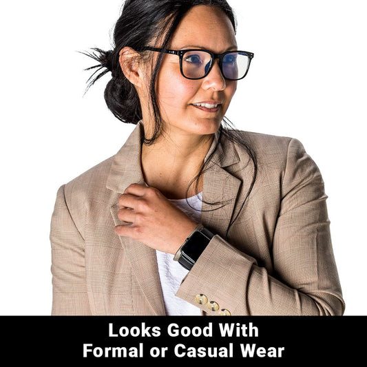 Woman wearing glasses and a beige blazer with text 'Looks Good With Formal or Casual Wear'.